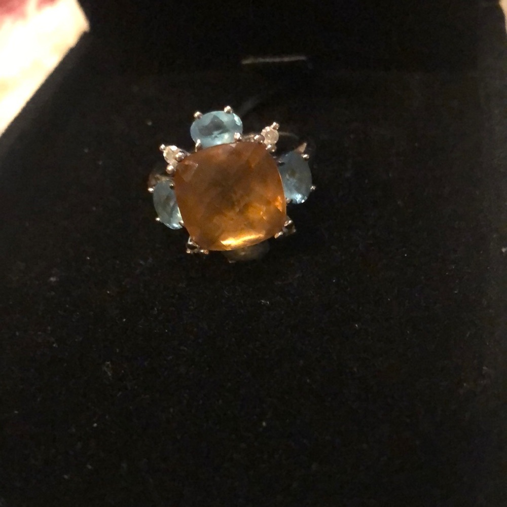 14 Karat White Gold Ring w Citrine, Topaz and Diamonds